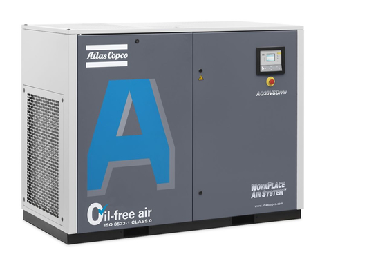 Kompresor powietrza o mocy 30 kW bez oleju z śrubą Atlas AQ-30 VSD Poziom hałasu 72 dB